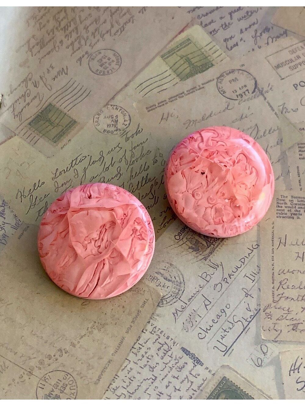 Vintage Carved Pink Art Glass Cabochon Clip-On Earrings